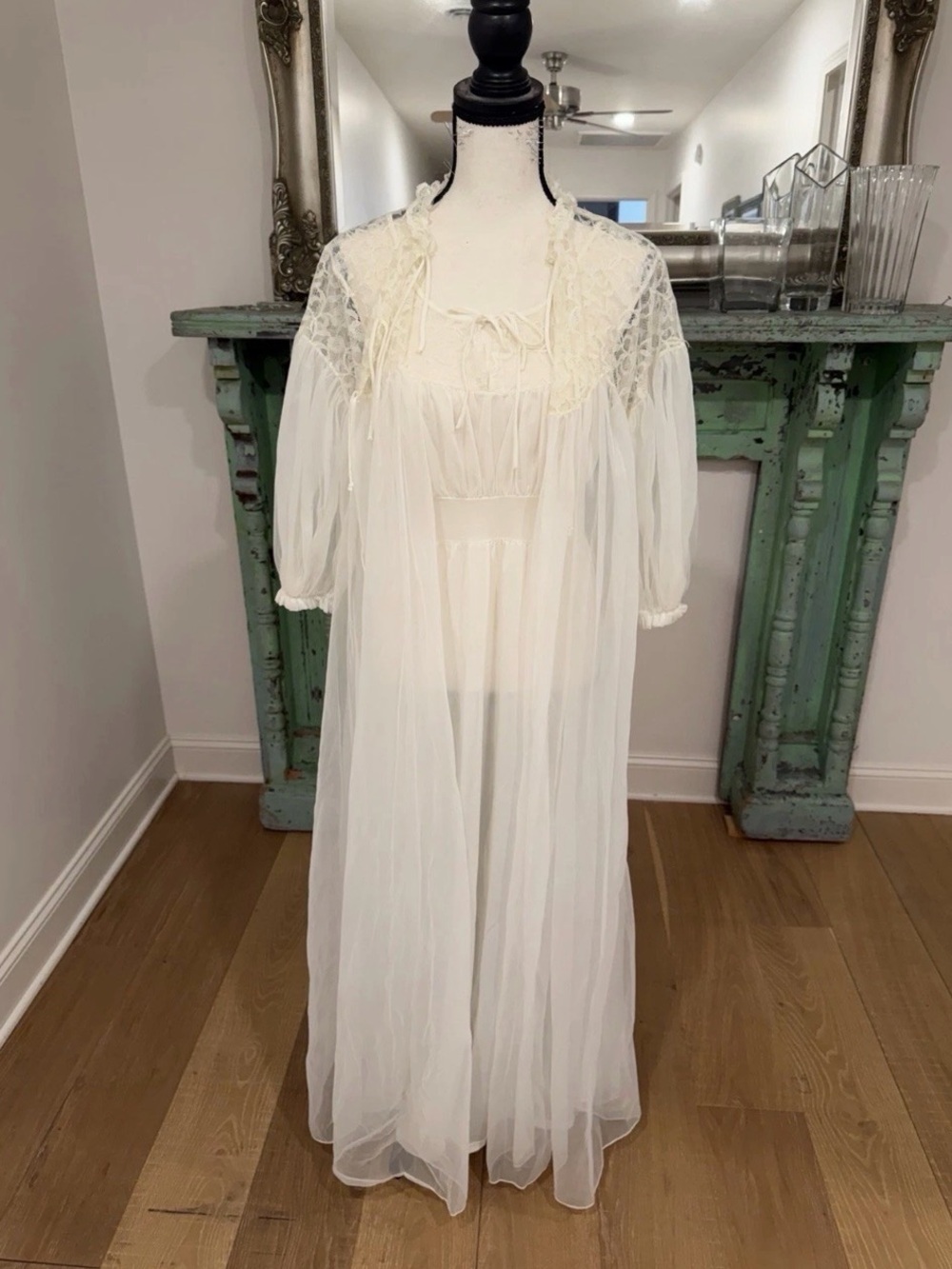 Vintage Radcliffe two piece set Sheer Cream Long Gown & Robe with Lace Yoke